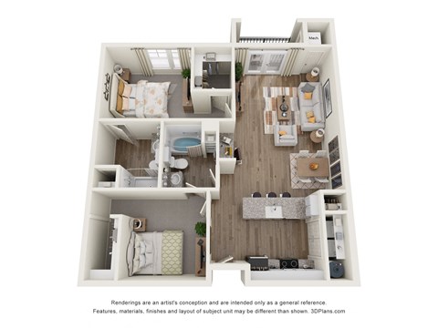 Floor plan for 2 beds, 2 baths, 1044 sqft